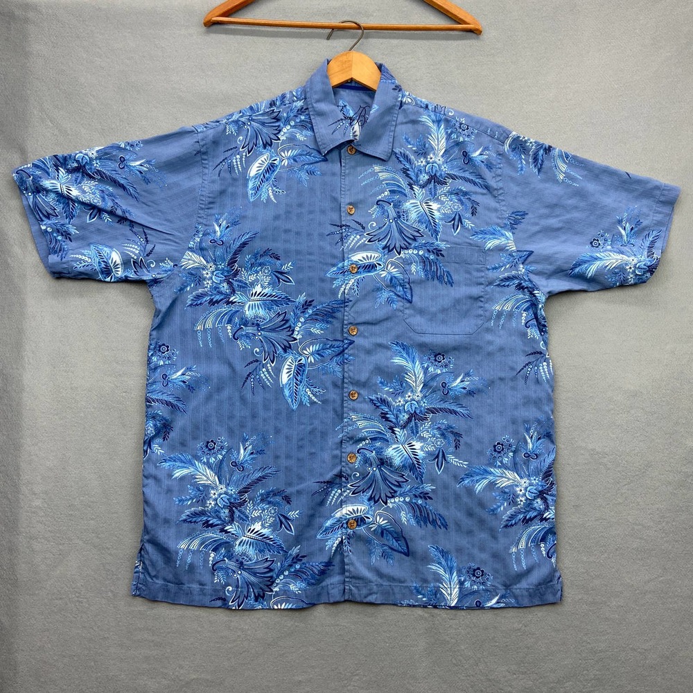 Tommy Bahama 100% Silk Hawaiian Shirt Men's Large Floral Blue